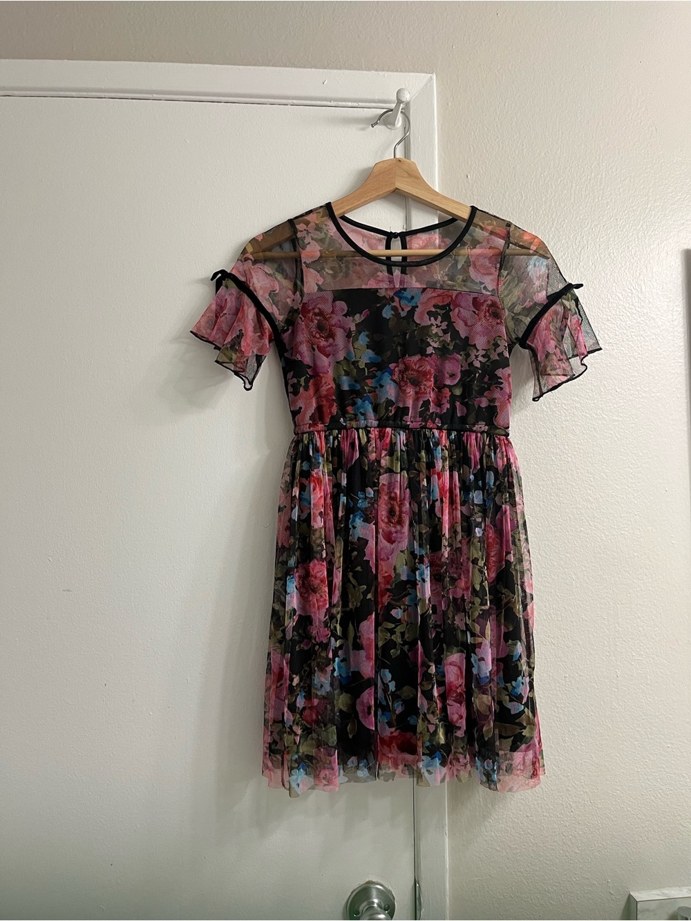 Justice Black Floral Mesh Dress with Pink & Blue Flowers